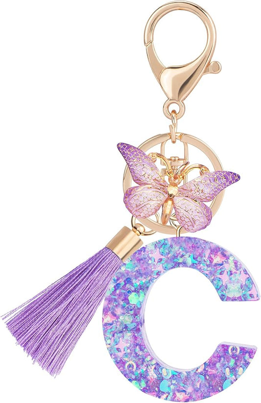 Suweibuke Colourful Cute Initial Letter Keychains for Women Girls with Tassel Butterfly, Charm for Purse Handbags Backpacks