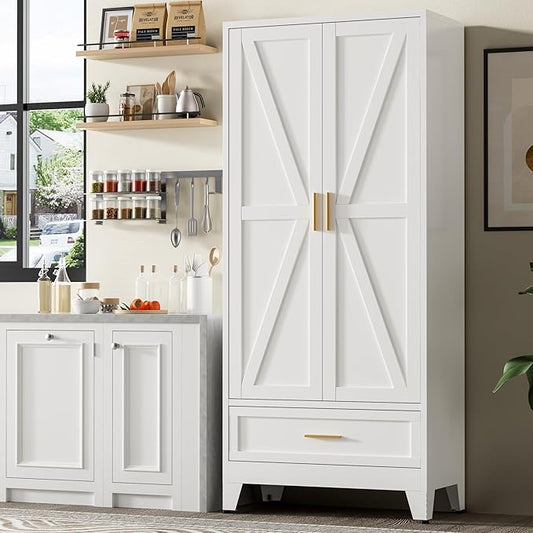 71"Tall Metal Storage Cabinet with Drawer and 4 Adjustable Shelves,Farmhouse Kitchen Pantry Storage Cabinet with Doors, Freestanding White Locker Cabinets for Office,Dining Room,Bathroom(White)