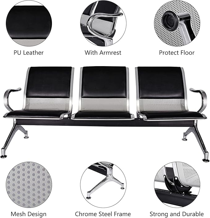 Kinfant Waiting Room Chair Bench - Guest Reception Chairs for Airport Hospital Bank Salon Barber Hall Room Conference (3-seat, Black-Mesh+PU)