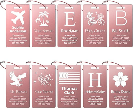 Personalized Metal Luggage Tags, Custom Suitcase Aluminum Name Tags with 5.9in Steel Ring, Laser Engraved Text and Logo, for Travel Gift, Baggage, Golf Bag (Pink)