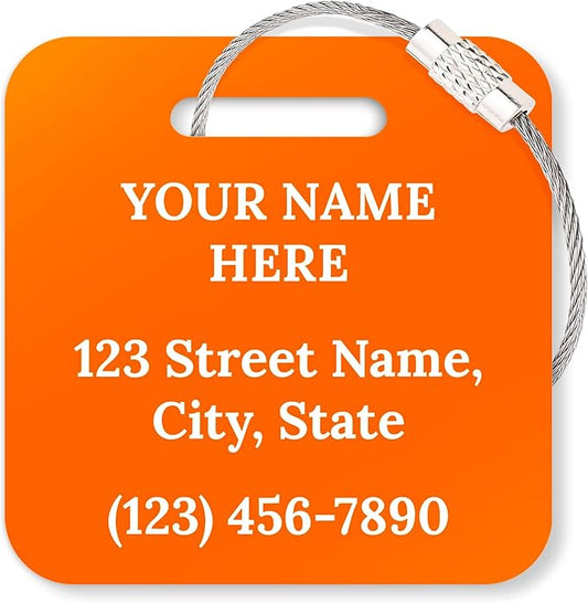 Custom Luggage Tags, Personalized Name Address for Suitcases,Backpack, Handbag, Travel Equipment Tag, 2x2 Inches, Acrylic Heavy Duty Made in The USA by My Sign Center-Orange