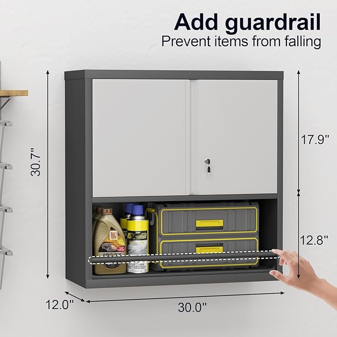 GREATMEET 31" H Metal Garage Storage Cabinets with Doors and Shelves, Lockable Storage Cabinet with Lock, Black Hanging Cabinets for Wall, Wall Mount Cabinet for Utility Room, Black&Grey