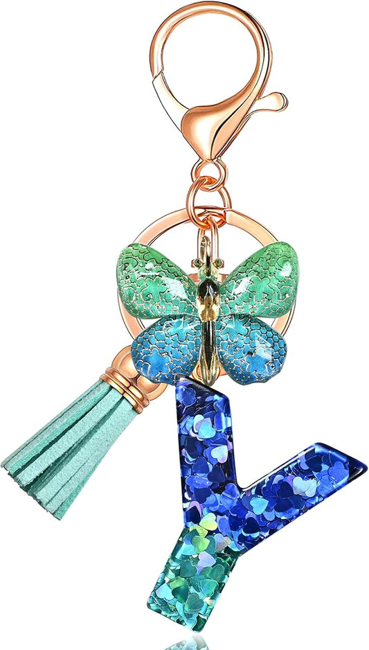 JINGUAZI Initial letter Keychains for Women Tassel Butterfly Pink Purple Cute Car Keychain for Wallet Backpack bag charm
