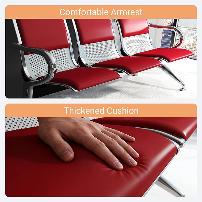Kinfant Red 9-Seat Waiting Room Chairs with Arms – Heavy-Duty Steel Frame PU Leather Back & Cushioned Seat, Ergonomic Office Reception Guest Chair for Lobby, Clinic, Airport