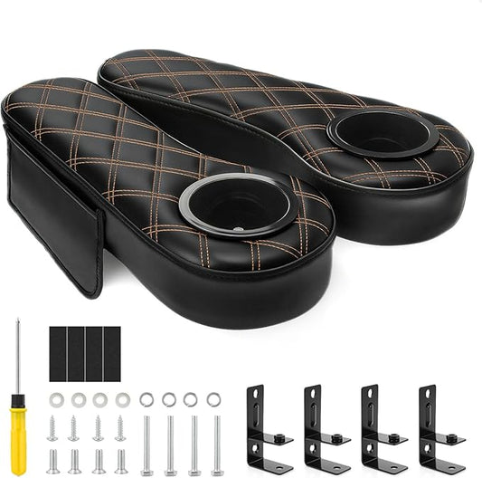 Panglong Golf Cart Armrest with Cup Holder and Phone Storage Pouch-Black or Brown, Fit Club Car EZGO Yamaha Rear Seat 1-Inch Square Tube