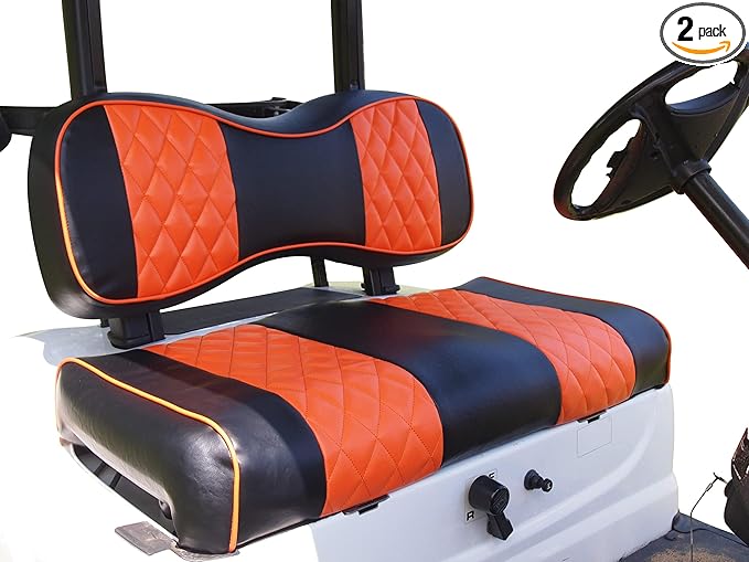 Huskey 2PCS Golf Cart Front Seat Cover for Club Car Precedent 2004+ G&E Models Custom Two Tone Black/Orange Diamond Stitching with Orange Piping,Marine Grade Vinyl Material,Staple On Design
