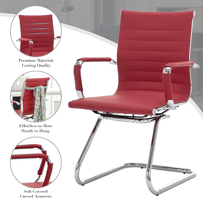 CIMOTA Waiting Room Chairs Leather Office Guest Chair Mid Back Reception Chairs with Sled Base for Meeting/Patient/Conference Room, Red Set of 4