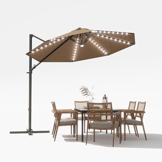 Devoko 10ft Solar LED Patio Umbrella, Round Cantilever Outdoor Umbrella by DEVOKO