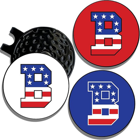 Wolf Golf Towels Golf Ball Marker Hat Clip | USA Monogram | 1 Magnetic Clip + 3 Ball Markers | Patriotic Golf Accessories for Men & Women