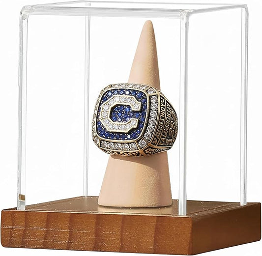 JupDec Championship Ring Display Case, Clear Acrylic Single Ring Holder with Wood Stand Base for Sports Basketball Baseball Fan Souvenirs Military, UV Protection