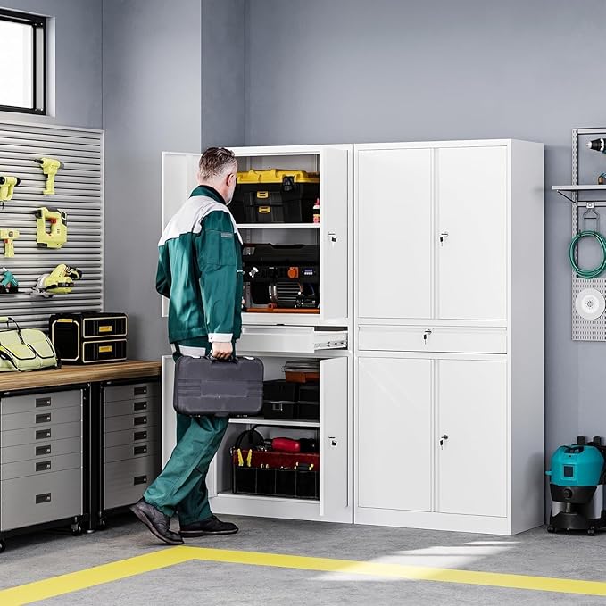 Letaya Metal Garage Storage Cabinet with Drawer,4 Door Tool Cabinet with Lock-2 Adjustable Shelves for Garage Home Office Utility Room (White)