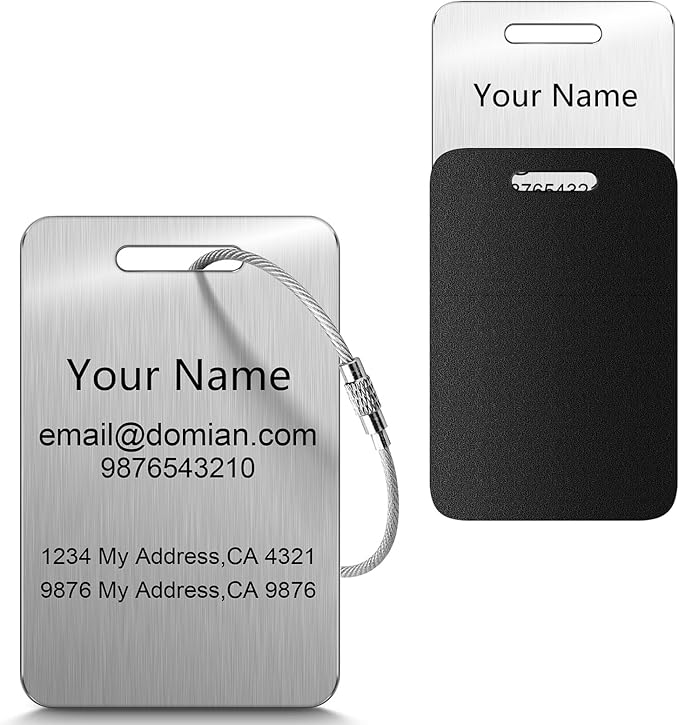 Stainless Steel Personalized Luggage Tags for Suitcases - Custom Name ID Travel Tags for Luggage, Backpacks, Baggage and Bags - Metal Unique Lable - Travel Essentials Accessories for Kids, Women, Men