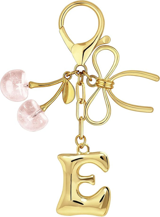 Gold Bubble Heart, Cherry, Bow & More Designs Letter Initial Keychain Bag Charms – Cute Purse Charms for Handbags