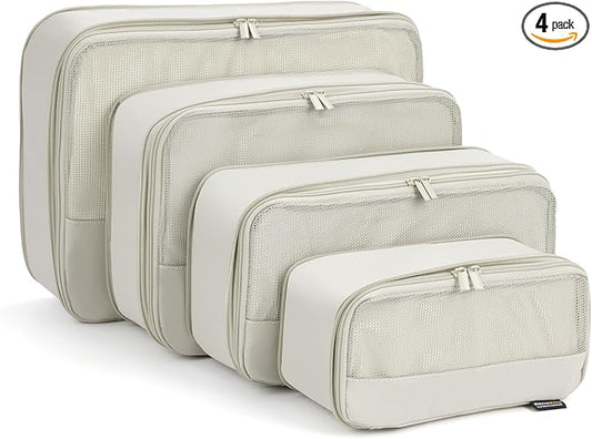 4 Piece Compression Packing Cubes for Suitcases and Backpack, Lightweight Travel Organizer Bags (Off White)
