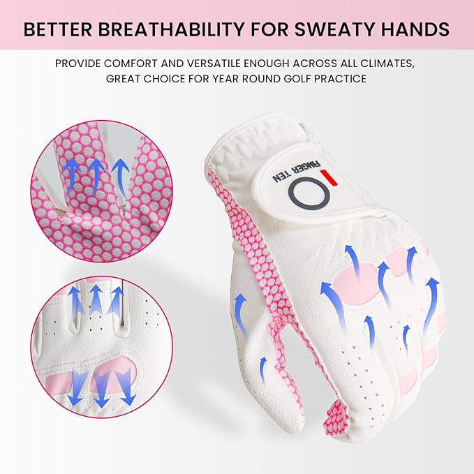 FINGER TEN Ladies Golf Gloves Left Right Hand 1 Pack, Golf Glove for Women's Golfer Lh Rh All Weather Grip, Size Fit Small Medium Large XL