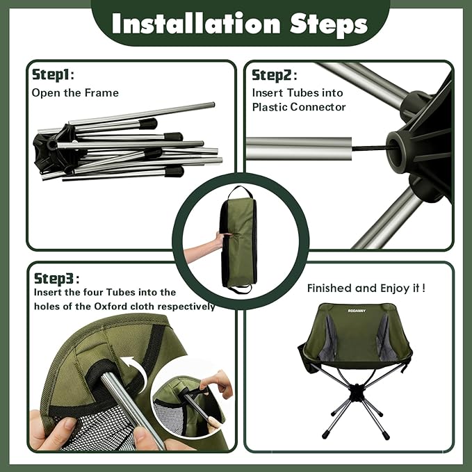 Camping Chairs, 360° Degree Swivel Folding Chairs,Portabl Outdoor Chairs for Travel Hiking Fishing lawns Picnic Hunting,Support 305 LBS,Lghtweight,Green