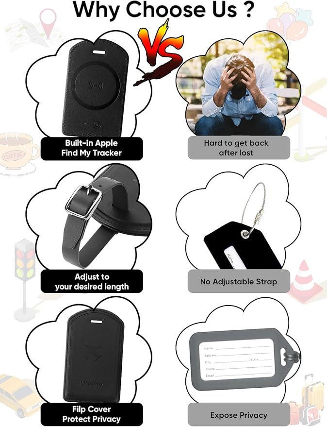 Luggage Tags Built-in Anti-Loss Tracker, Luxury Leather Luggage Tags for Suitcase, Travel Bags, Backpacks, Travel Organizer for Lost Baggage Prevention (Black)