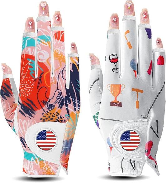 Golf Gloves Women with Ball Marker 2 Pack, Right Handed Golfer Left Hand, Ladies Breathable Soft All Weather Grip Glove Fit Size Small Medium Large XL