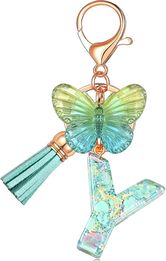 JINGUAZI Initial letter Keychains for Women Tassel Butterfly Pink Purple Cute Car Keychain for Wallet Backpack bag charm