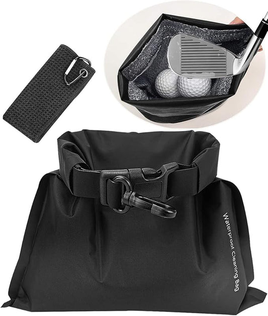 Golf Club and Ball Cleaning Pouch with Attached Towel, Waterproof Cleaning Bag for Cleaning Club Grooves, can Store Water, Detachable Clip