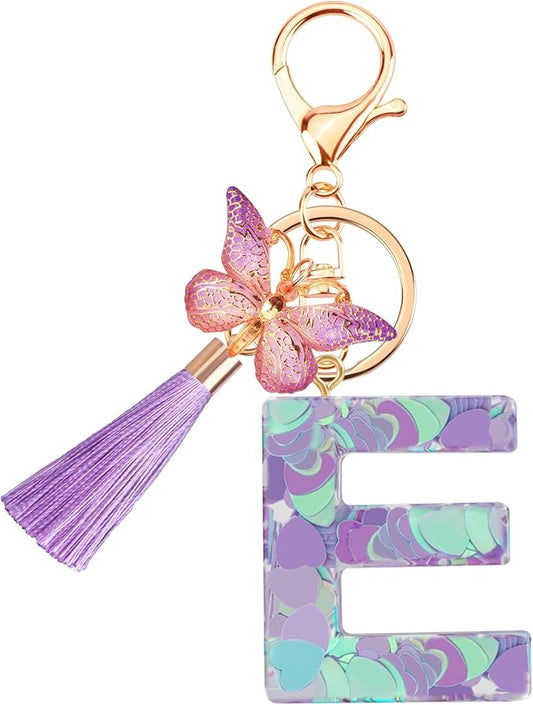 Suweibuke Colourful Cute Initial Letter Keychains for Women Girls with Tassel Butterfly, Charm for Purse Handbags Backpacks