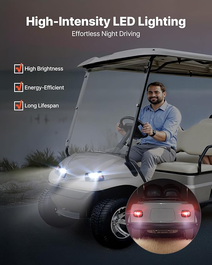 VEVOR Golf Cart Light Kit, 12 Volt, Street Legal LED Headlight and Taillight Kit with Wiring Harness, Turn Signals, Hazard Light, Switch Horn, Brake Pad, Zip Ties, ABS Housing, for Club Car DS 1993-Up