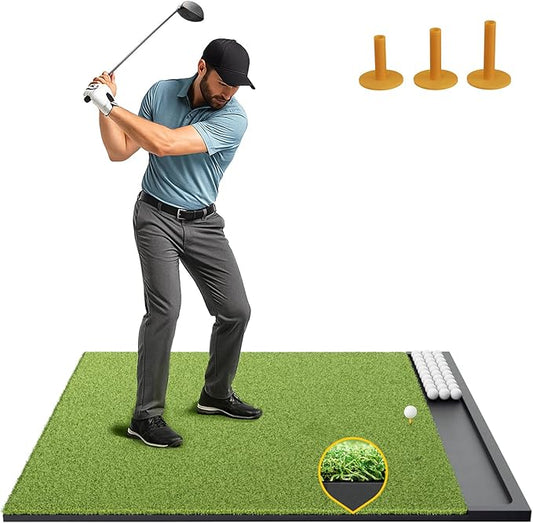 Golf Hitting Mat with Ball Tray, 5x4 / 6x4 ft, 26mm / 31mm Thick, Pro & Elite Turf with Swing Path Line, Premium Golf Practice Mat for Indoor & Outdoor Swing, Chipping, Training