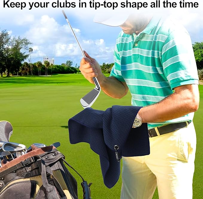 3 Pack 16" X 16" Waffle-Pattern Golf Towels with Carabiner Clip, Super Absorbent Microfiber, Navy Blue, Dark Grey, Light Grey