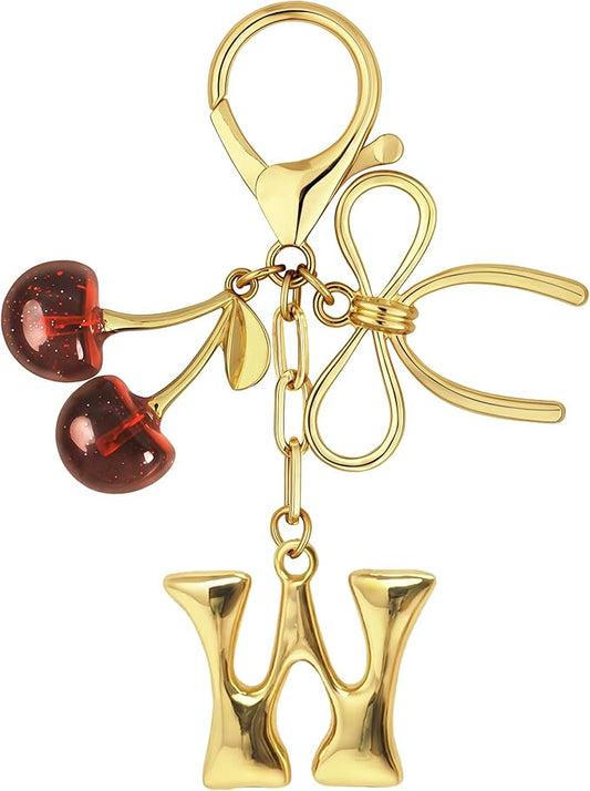 Gold Bubble Heart, Cherry, Bow & More Designs Letter Initial Keychain Bag Charms – Cute Purse Charms for Handbags