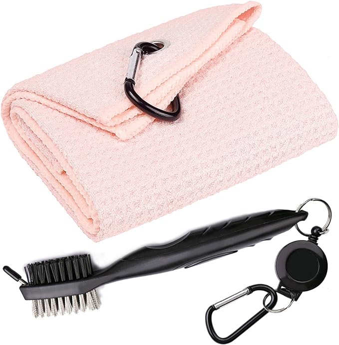 Golf Towels, Microfiber Waffle Pattern Tri-fold Golf Towel - Brush Tool Kit with Club Groove Cleaner, with Clip Men Women Golf Gifts (Pink Towel+Black Brush)