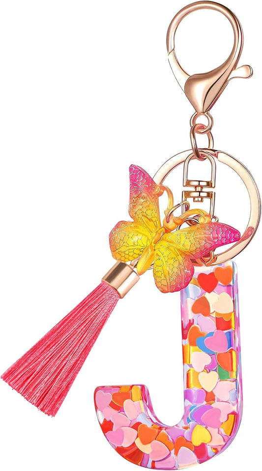 Suweibuke Colourful Cute Initial Letter Keychains for Women Girls with Tassel Butterfly, Charm for Purse Handbags Backpacks
