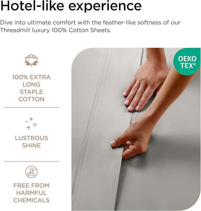 Threadmill Luxury 800 Thread Count Full Size 100% Cotton Sheets - Moonrock Grey Sateen Weave Bed-Sheets, Better Than Egyptian Cotton, 4 Pc Solid Bed Set, Fits 16" Deep Pocket