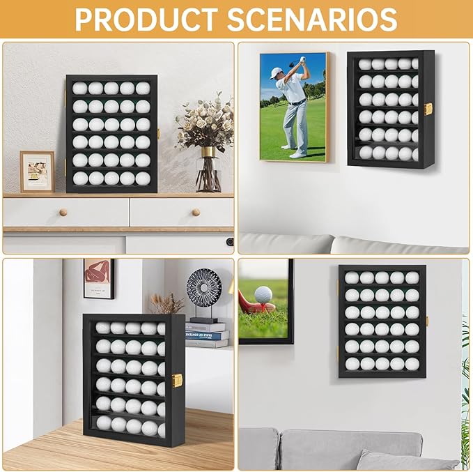 Golf Ball Display Case, Solid Wood Golf Ball Holder, Wall Mounted Golf Ball Rack with Acrylic Door for Golf Enthusiasts (Black, for 30 Golf Balls)