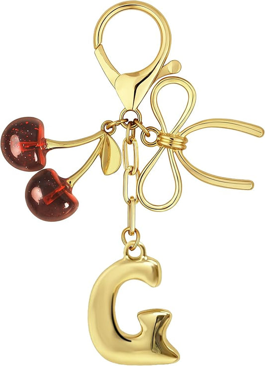 Gold Bubble Heart, Cherry, Bow & More Designs Letter Initial Keychain Bag Charms – Cute Purse Charms for Handbags
