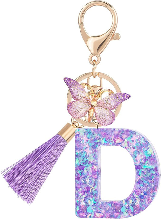 Suweibuke Colourful Cute Initial Letter Keychains for Women Girls with Tassel Butterfly, Charm for Purse Handbags Backpacks
