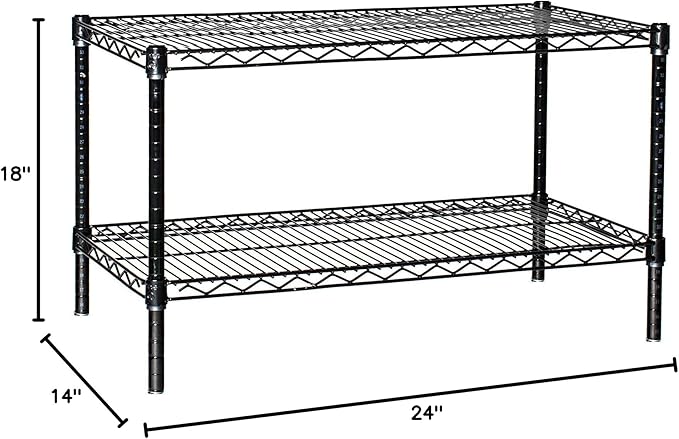Omega Shelving Storage | 2 Tier Starter Shelving Unit 18" Deep x 24" Wide x 14" High - 800 lb Weight Capacity per Shelf, Adjustable Wire Shelving, Tool-Free Assembly |Black Shelving