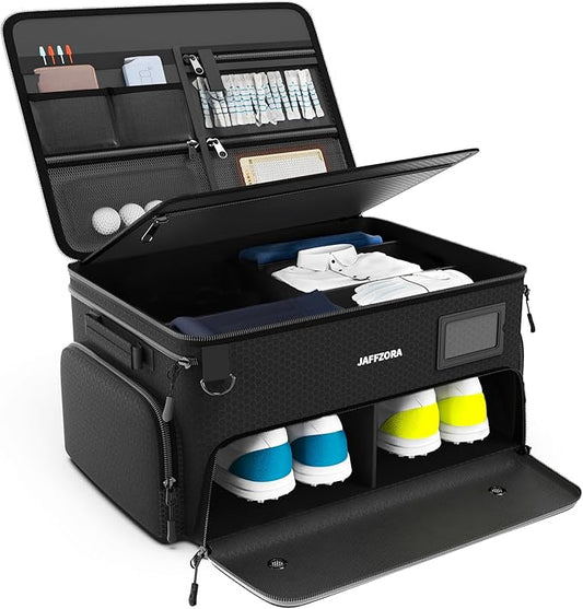 4-Layer Golf Trunk Organizer, Golfer Gifts for Men Women with Separate Ventilated Compartment for 2 Pairs Shoes, Waterproof Car Golf Locker Storage Bag for Golf Gear and Accessories,Black