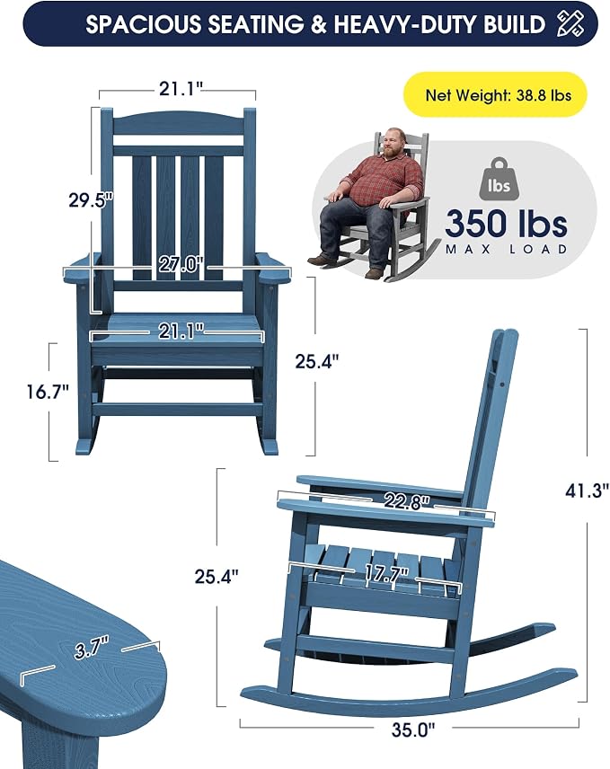 Oversized Outdoor Rocking Chairs Set of 2, Porch Rocker Unique Blue | - Image 3