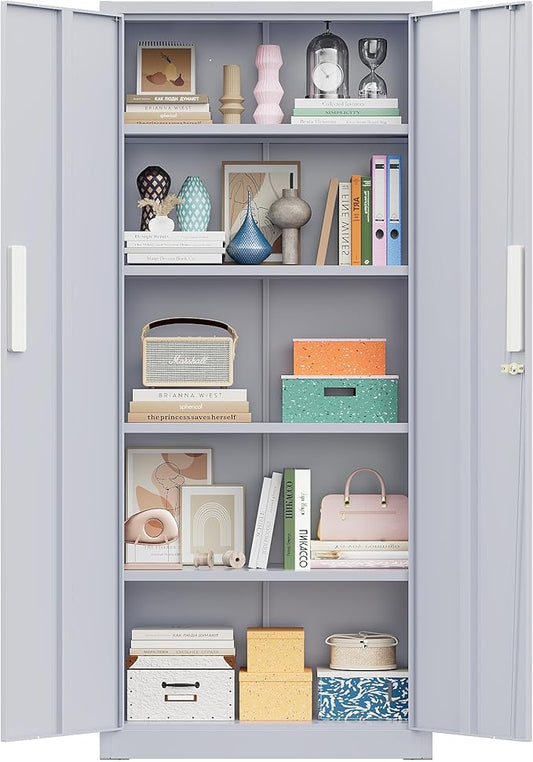 Greenvelly 63" H Metal Storage Cabinet Dark Grey, Locking Metal Cabinet, Store Tools, Clothes, Tableware and Toiletries, Garage Cabinets with Adjustable Shelves for Office, Home, Garage, Pantry