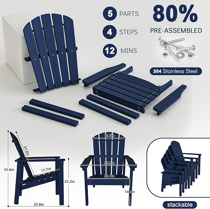 Stackable Adirondack Chairs Set of 4, Compact HDPE, All-Weather - Image 6