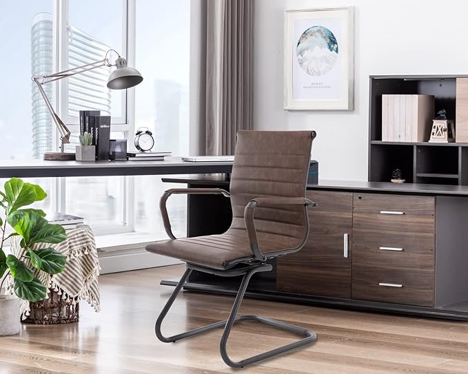 CIMOTA Waiting Room Chairs Set of 2 Leather Office Guest Chair Mid Back Reception Chairs with Sled Base for Meeting/Patient/Conference Room, Retro Brown, 2PCS