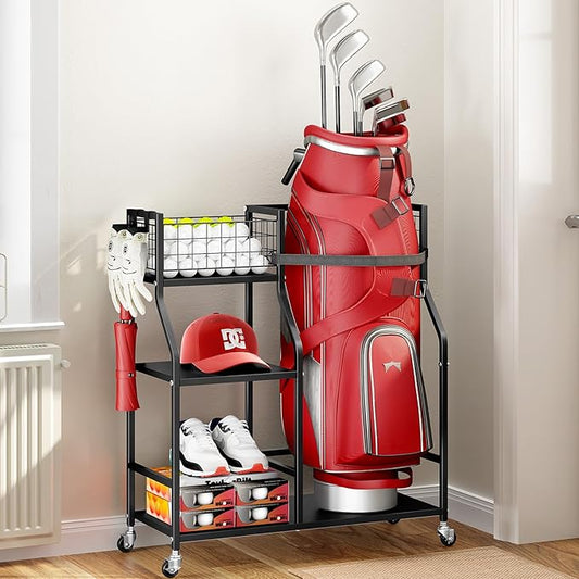 TOOLF Golf Bag Organizer, Golf Club Storage with Wheels, Sturdy Metal Golf Bag Holder Stand for Home, Garage, Outdoor, Includes 4 Storage Sections & Removable Hooks