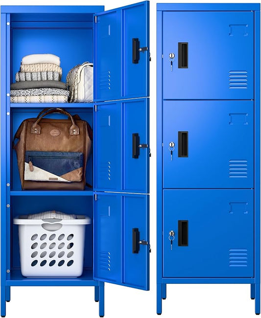 Aobabo 16" W 3 Door Metal Storage Locker with Lock, 47" H Steel Locker with Name Card Holder and Metal Leg for School, Home, Office, Playroom, Assembly Required, Blue