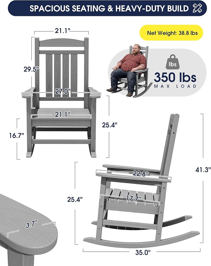 Oversized Outdoor Rocking Chair Set of 4, Porch Rockers, Light Gray | - Image 3