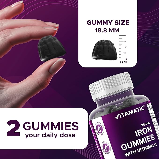 Vitamatic Iron 65 mg Gummies Supplement for Women & Men - 60 Vegan Gummies - Great Tasting Iron Gummy Vitamins with Vitamin C (1)