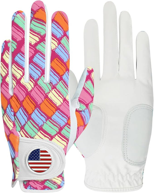 Amy Sport Womens Golf Glove with Ball Marker Rain Left Right Hand Leather Printed Pack, Ladies Golf Gloves All Weather Grip Breathable Soft Size Small Medium Large XL