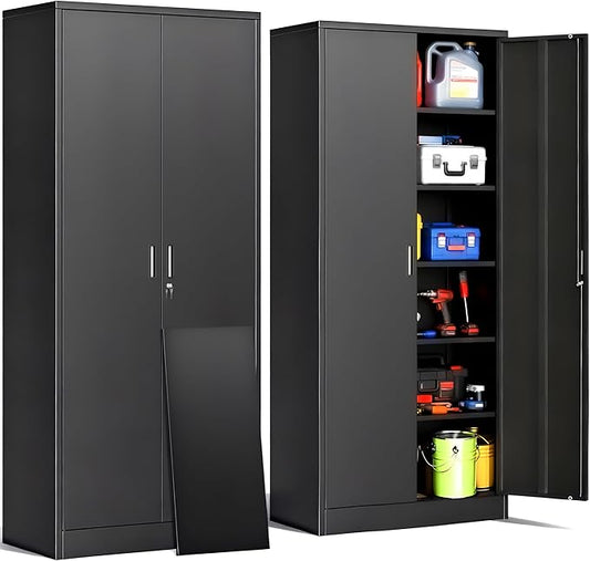 CJF Metal Storage Cabinet, 72" H Locking Storage Cabinet with Adjustable Shelves, Steel Cabinets for Garage, Office, Home, School-Black