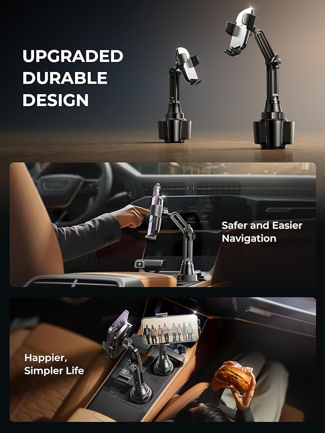 LISEN Cup Phone Holder for Car [Upgraded Version] Long Neck 360° Adjustable Car Accessories for Women Thick Cases Friendly for iPhone 16e 16 15 14 13 Pro Max Samsung S25 All 4-7'' Phone, Silver