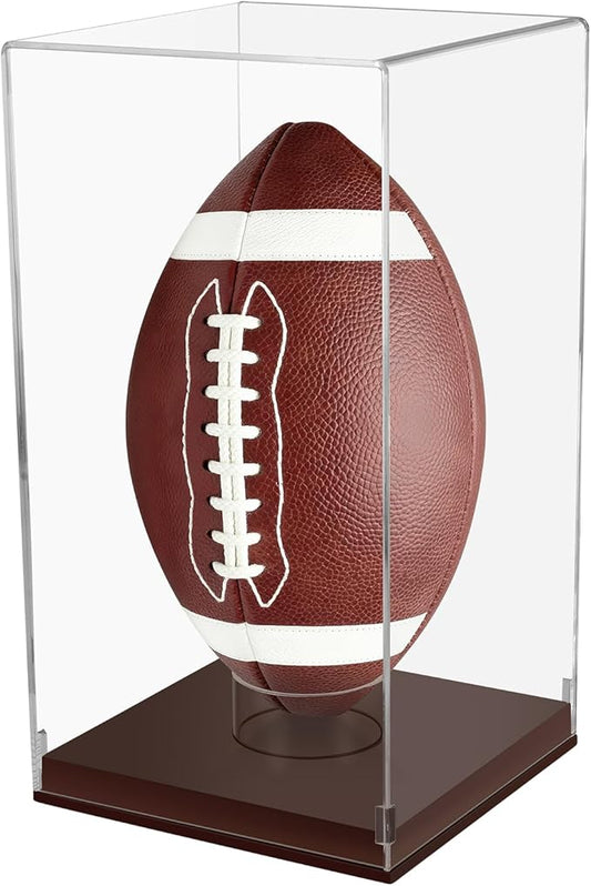 Football Display Case with Wooden Base, UV Protection Clear Acrylic Souvenir Display Box for Autographed Football, Memorabilia, Sports Colle