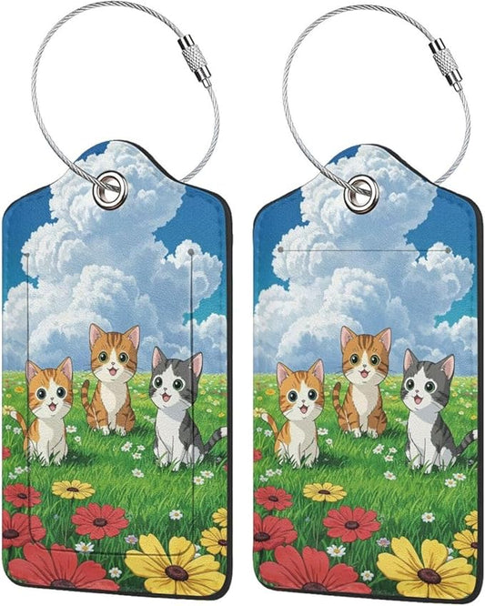 TSA Approved Luggage Tags for Suitcases Cat and Flower 2 Pack Funny Leather Carnival Cruise Airport Cute Travel Name Tags Golf Bag tag Ships Essentials Privacy Cover ID Label for Women Men